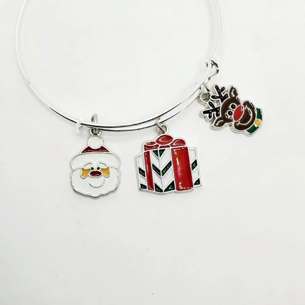 Christmas Santa, Present, and Reindeer Charm Bracelet, Silver Adjustable Jewelry